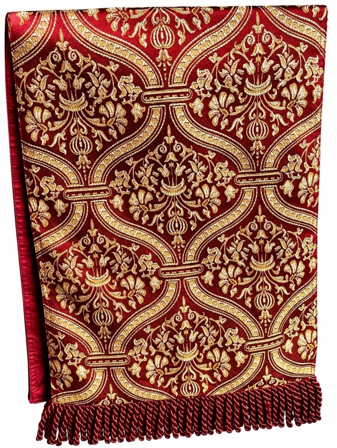 RED & GOLD Jacquard TABLE RUNNER, 72x13 in with 4 in fringe on each end, maroon